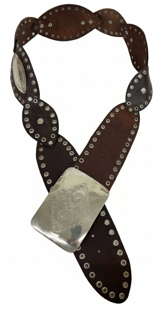 Brown leather belt with silver buckle on a white background