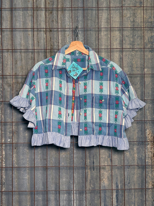 Local Handmade Ruffle Top Embroidered Blue Plaid
