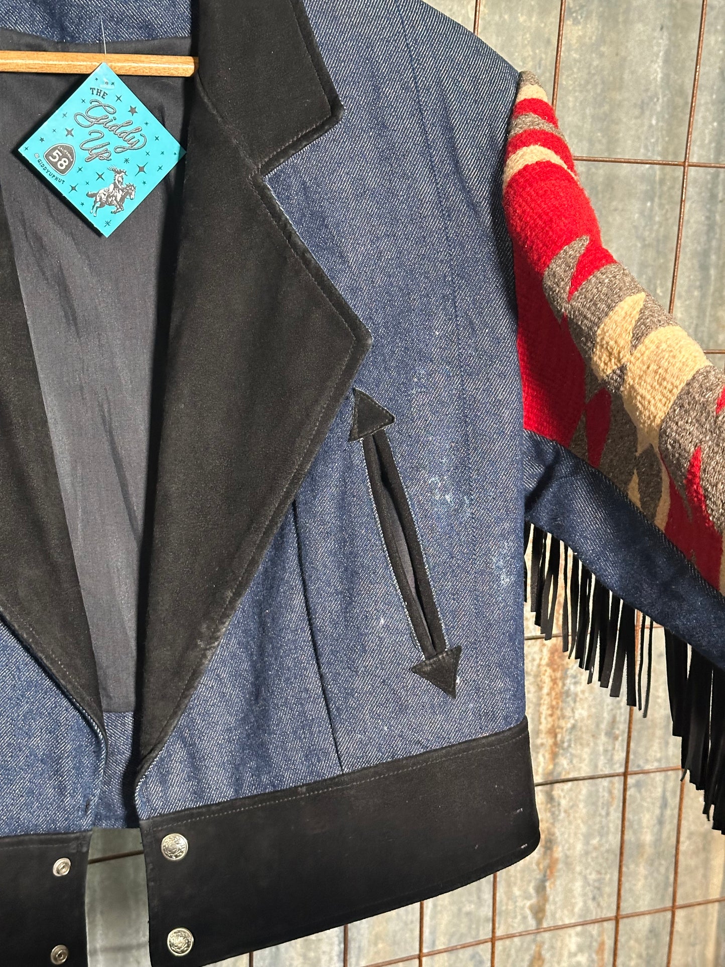 Vintage Handmade Denim Fringe Suede Woven Jacket