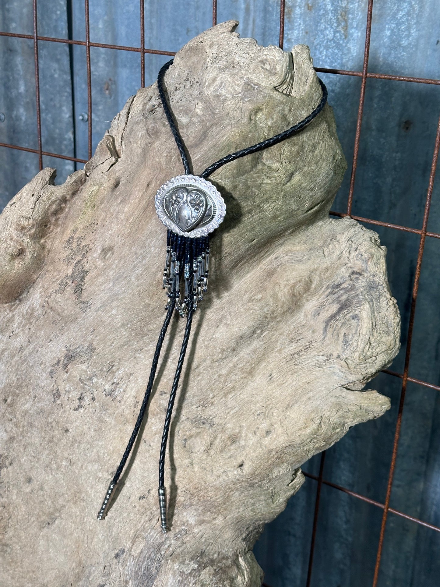 Local Handmade Black Beaded Fringe Heart Bolo Tie