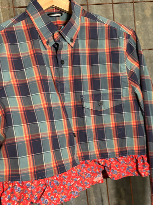 Local Handmade Blue Red Plaid Ruffle LS Top