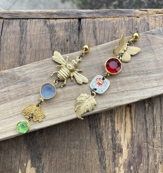 Bee & Leaf Crystal Charm Earrings