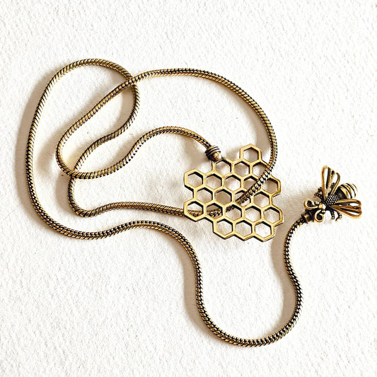 Brass Bee Honeycomb Lariat Bolo Necklace