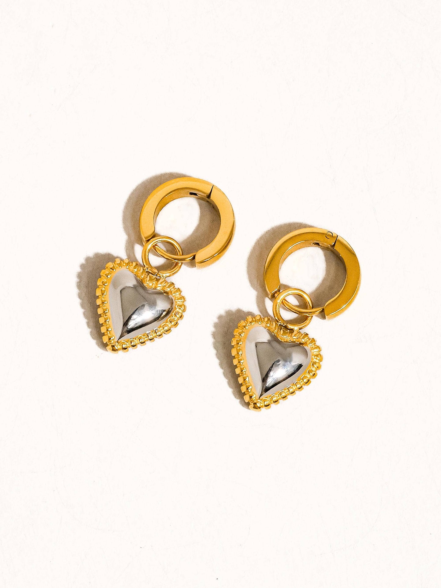 Two Tone Huggie Heart Earrings