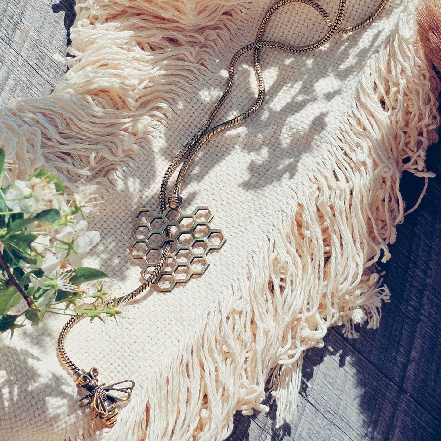 Brass Bee Honeycomb Lariat Bolo Necklace
