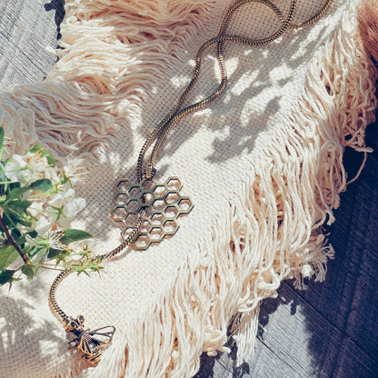Brass Bee Honeycomb Lariat Bolo Necklace