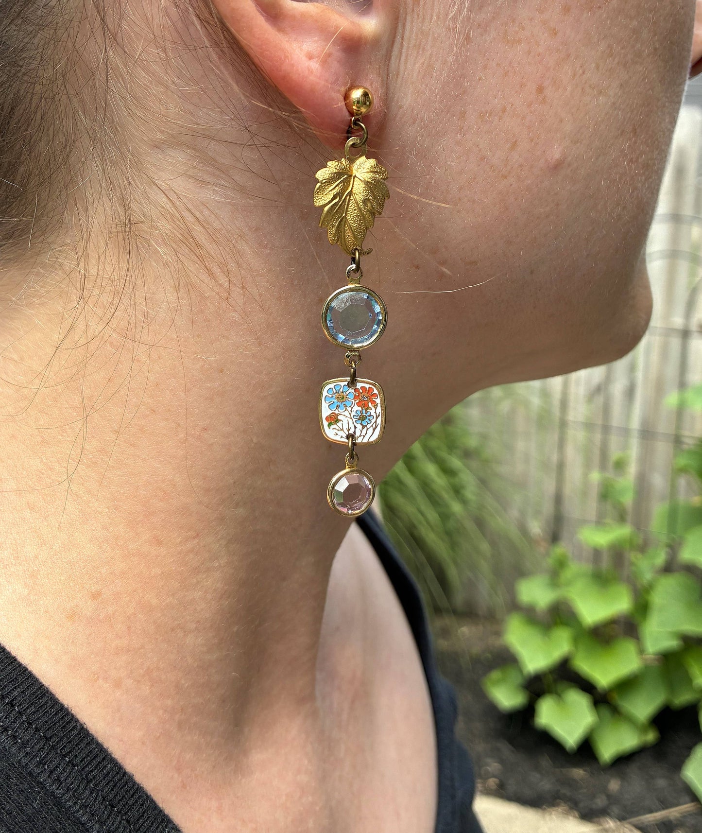 Fish & Leaf Crystal Charm Earrings