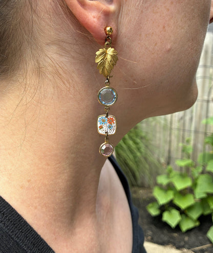 Fish & Leaf Crystal Charm Earrings