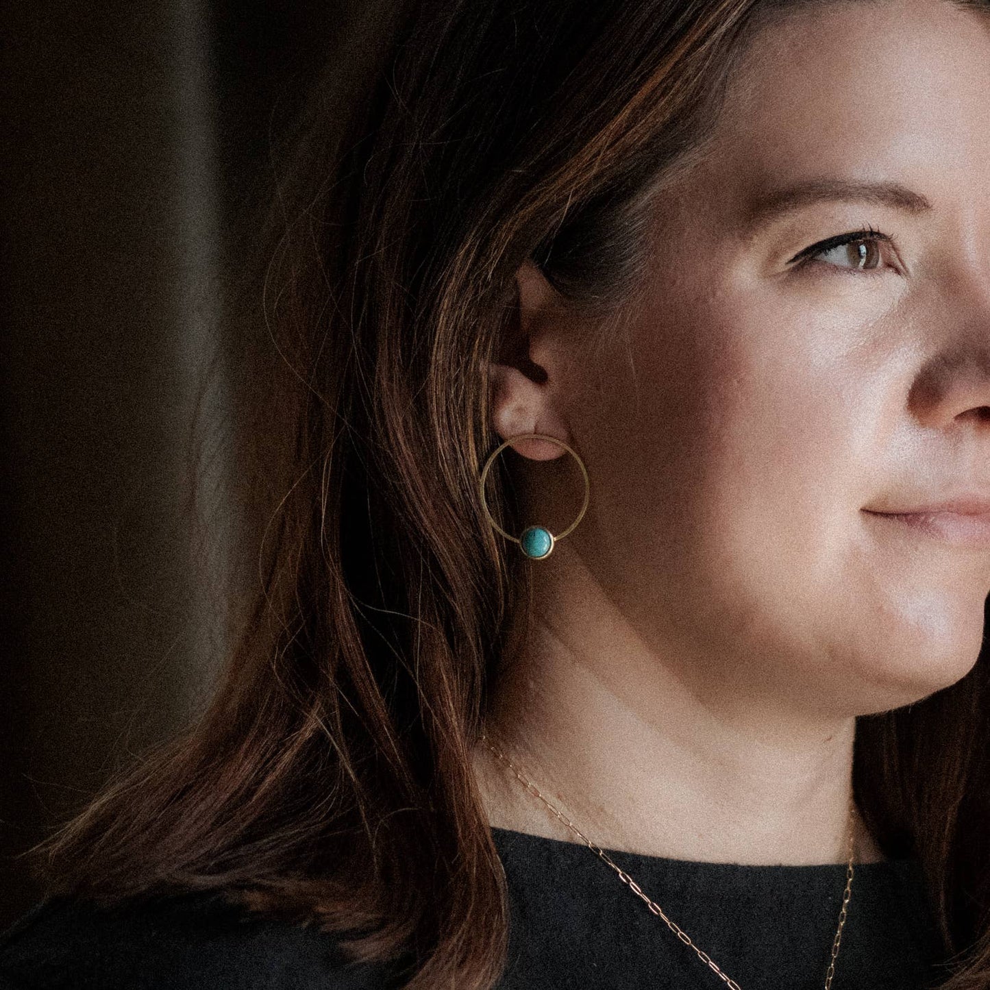 Brass Circle Turquoise Front Hoops