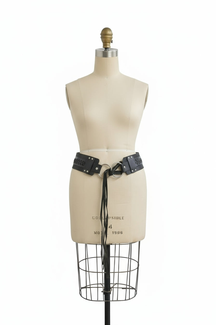 Black leather belt with metal hardware 