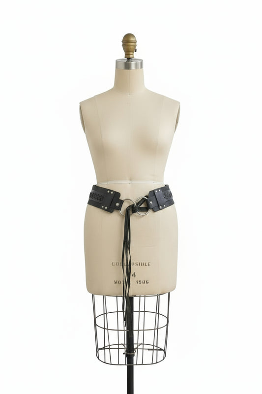 Black leather belt with metal hardware 