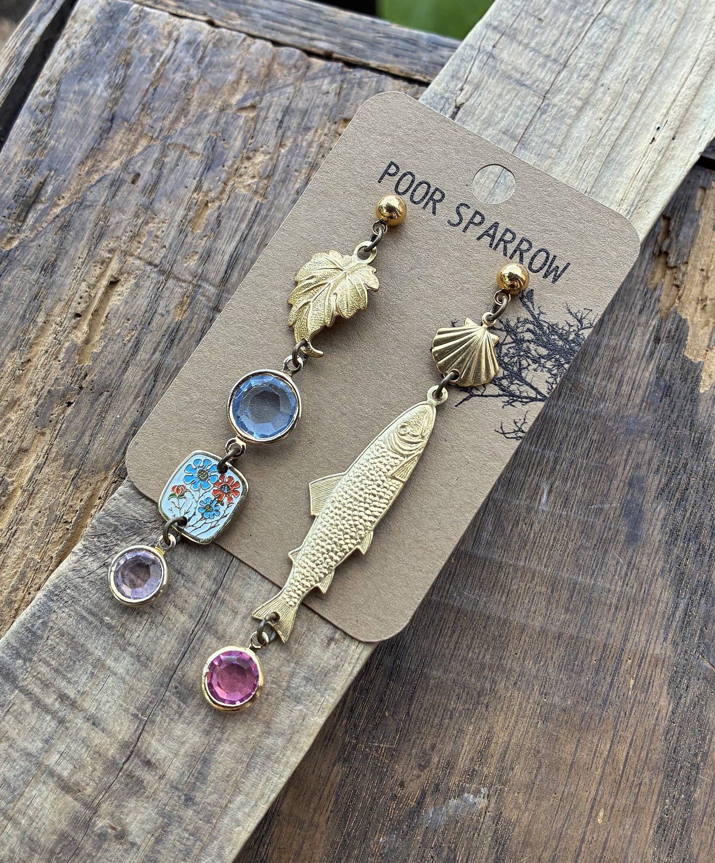 Fish & Leaf Crystal Charm Earrings