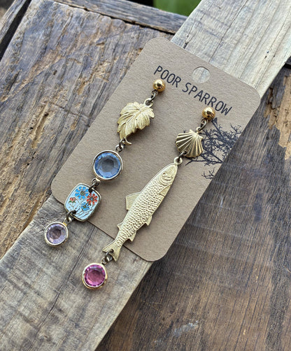 Fish & Leaf Crystal Charm Earrings