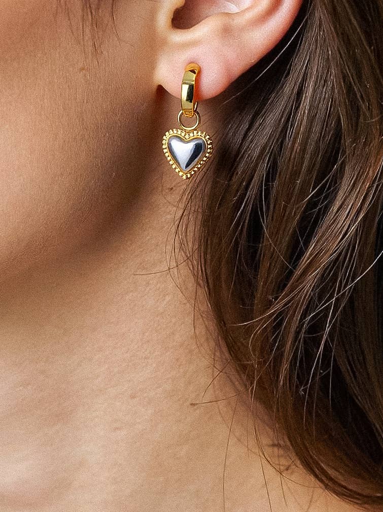 Two Tone Huggie Heart Earrings