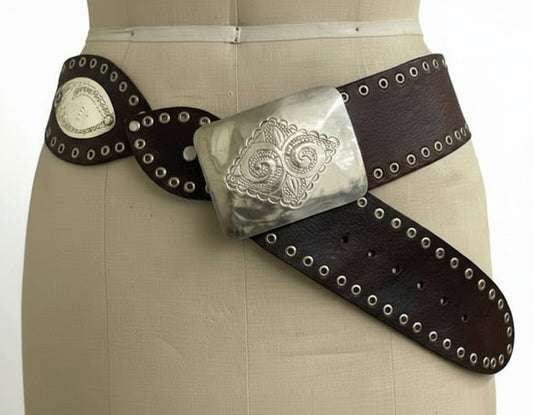 Wide brown leather belt with silver decorative buckle 