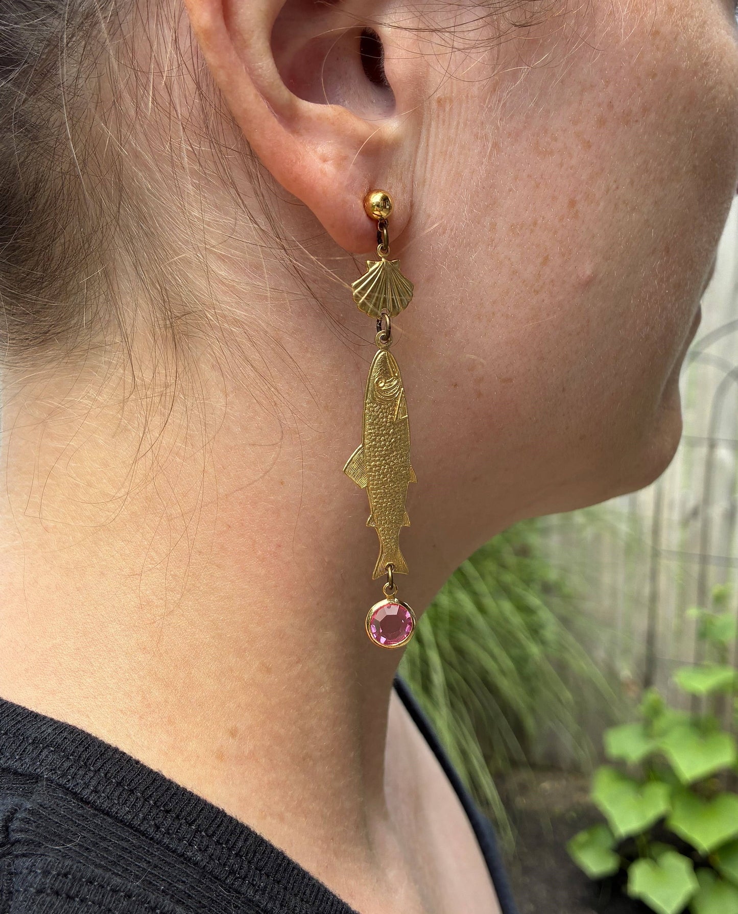 Fish & Leaf Crystal Charm Earrings