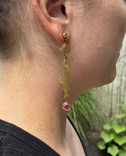 Fish & Leaf Crystal Charm Earrings