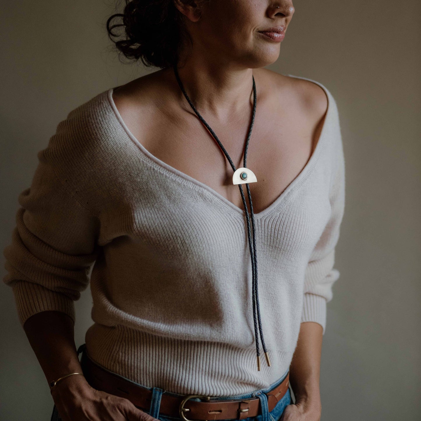 Turquoise Half Circle Bolo Tie Black