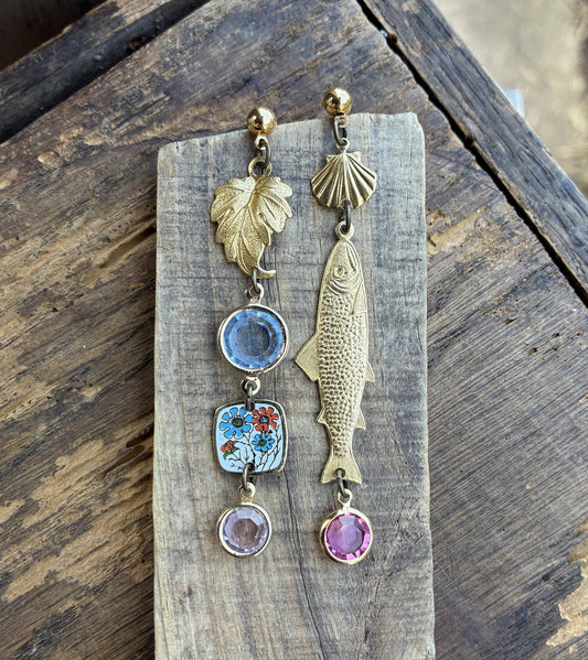 Fish & Leaf Crystal Charm Earrings