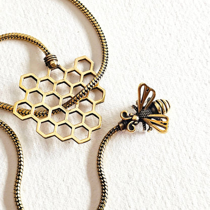 Brass Bee Honeycomb Lariat Bolo Necklace