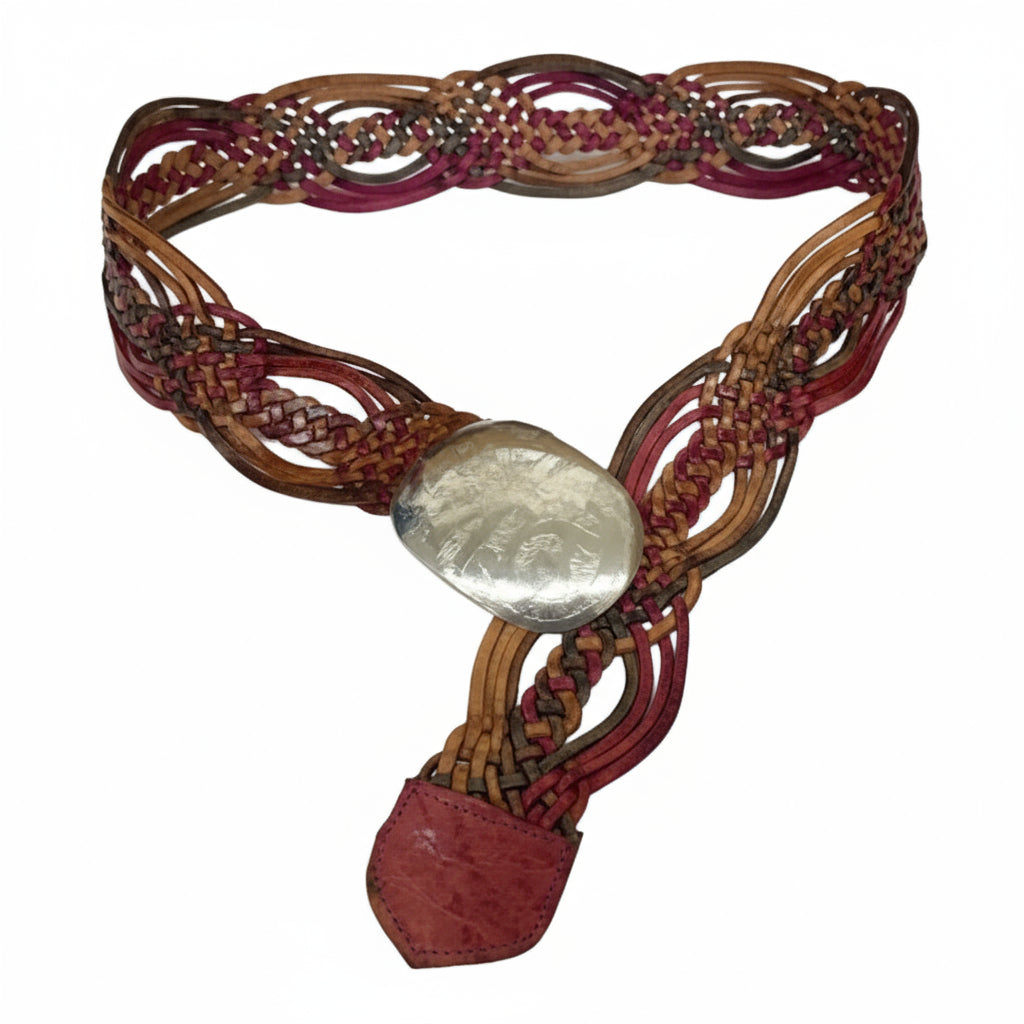 Woven leather belt with a large silver buckle on a white background