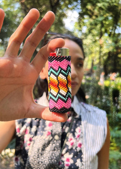 Beaded Lighter Case Pink & Orange Lightning
