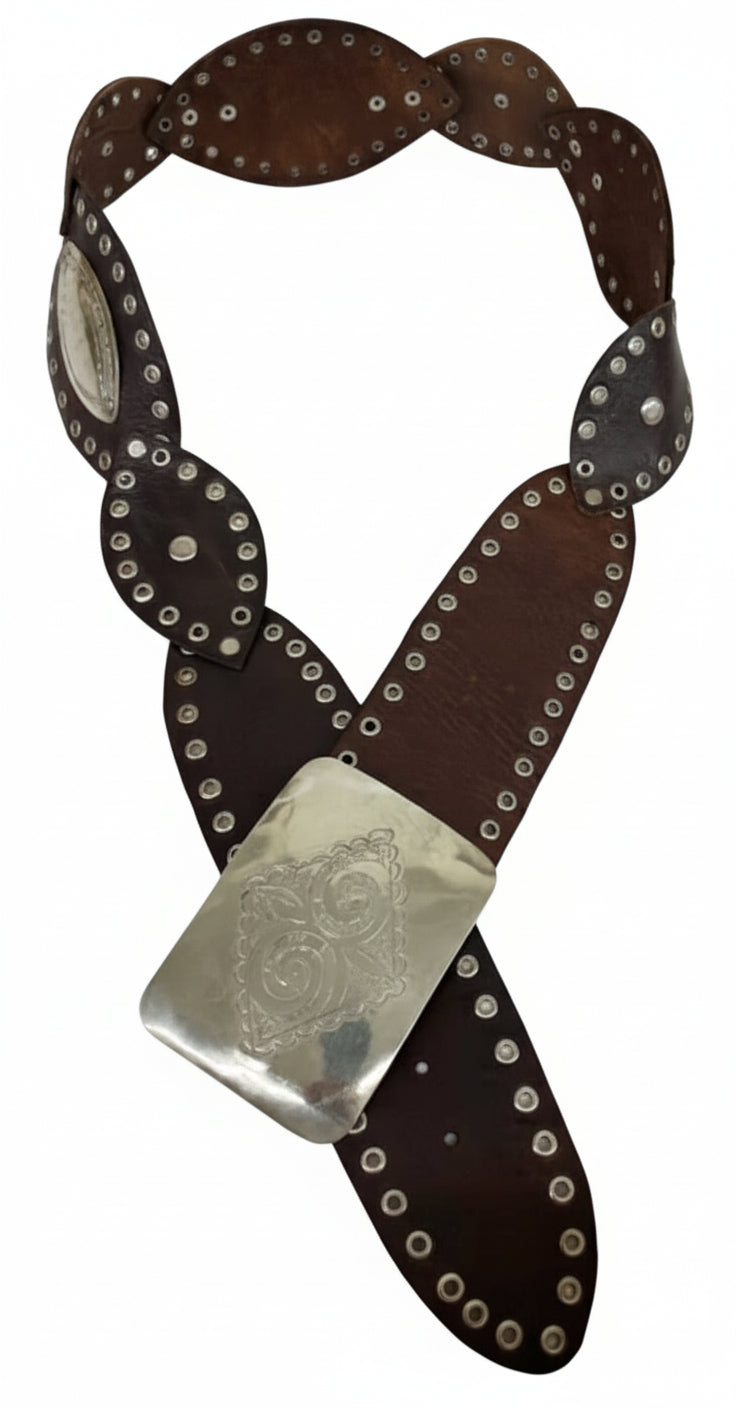 Brown leather belt with silver buckle on a white background