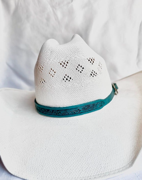 Hand Tooled Turquoise Leather Hat Band
