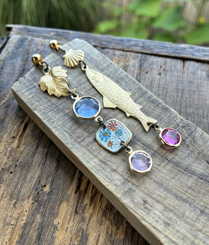 Fish & Leaf Crystal Charm Earrings