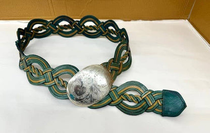 Handmade Woven Green Gold Leather Belt