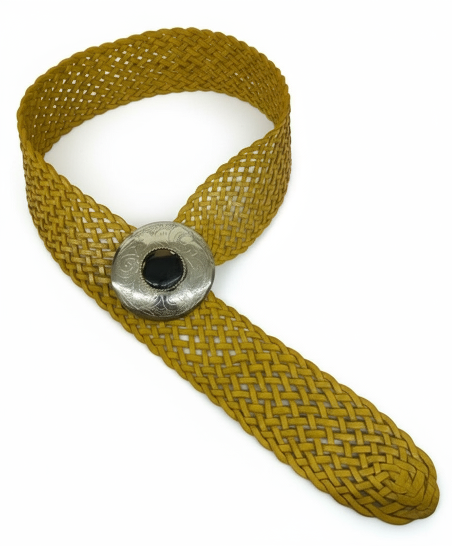 Yellow gold woven leather belt with a silver buckle