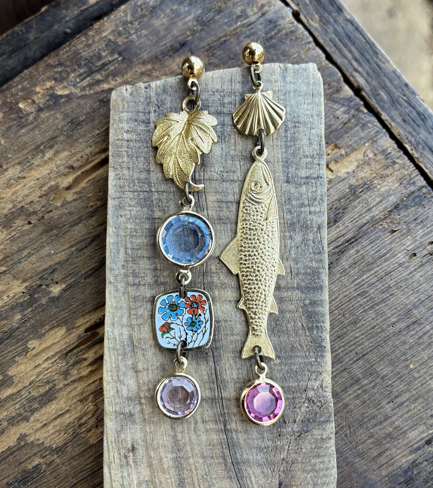 Fish & Leaf Crystal Charm Earrings