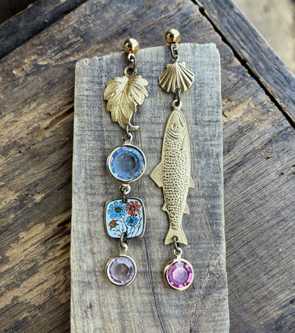 Fish & Leaf Crystal Charm Earrings