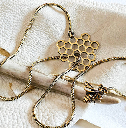 Brass Bee Honeycomb Lariat Bolo Necklace