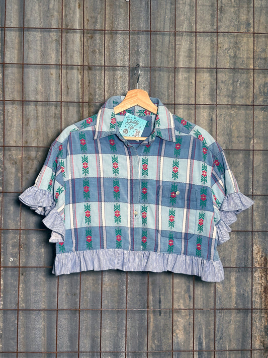 Local Handmade Ruffle Top Embroidered Blue Plaid