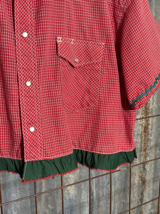 Local Handmade Ruffle Top Red Pearl Snap Green