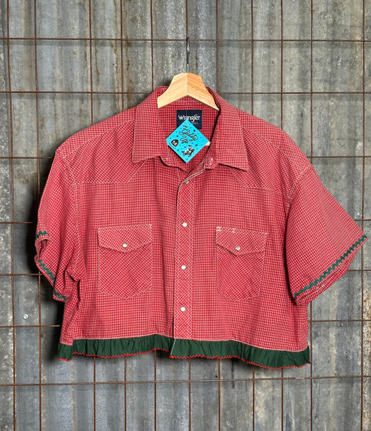 Local Handmade Ruffle Top Red Pearl Snap Green