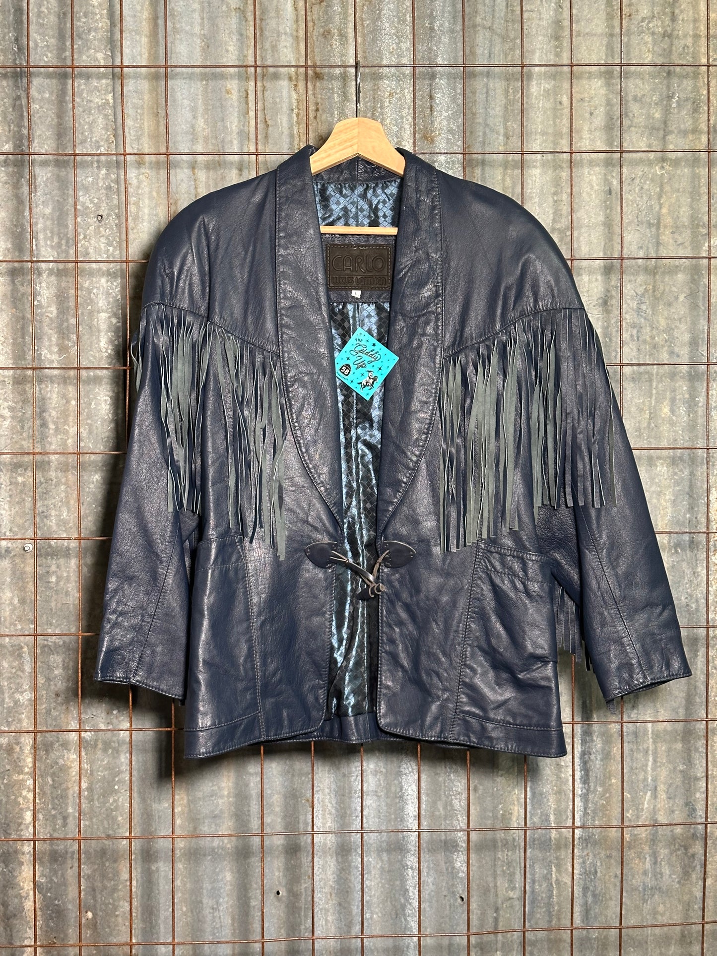 Vintage Navy Blue Fringe Leather Jacket