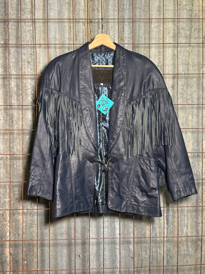 Vintage Navy Blue Fringe Leather Jacket