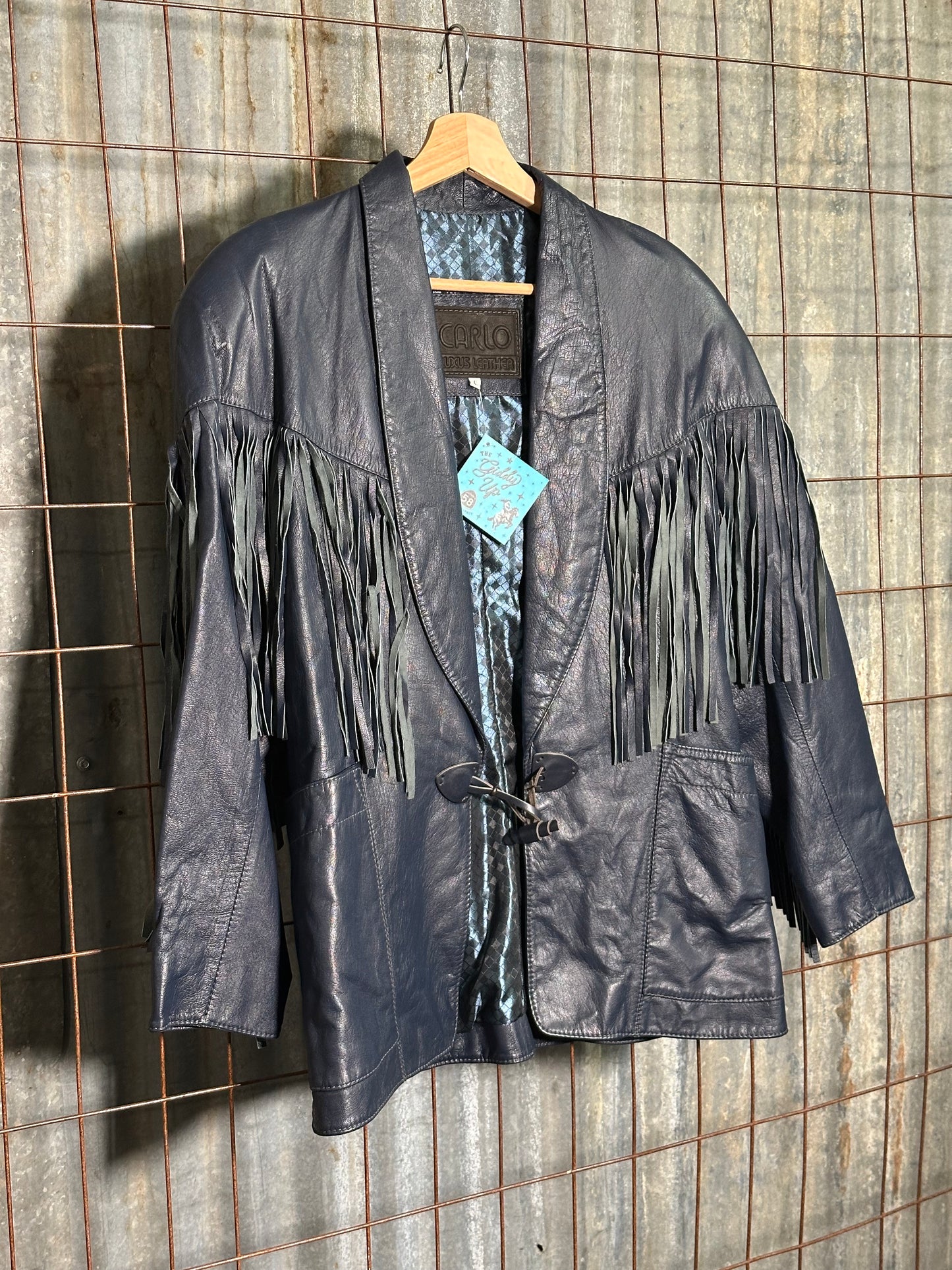 Vintage Navy Blue Fringe Leather Jacket