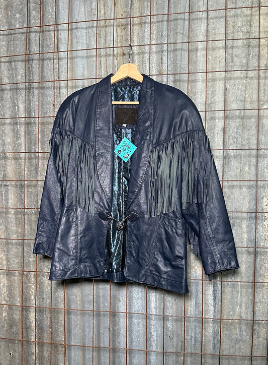 Vintage Navy Blue Fringe Leather Jacket