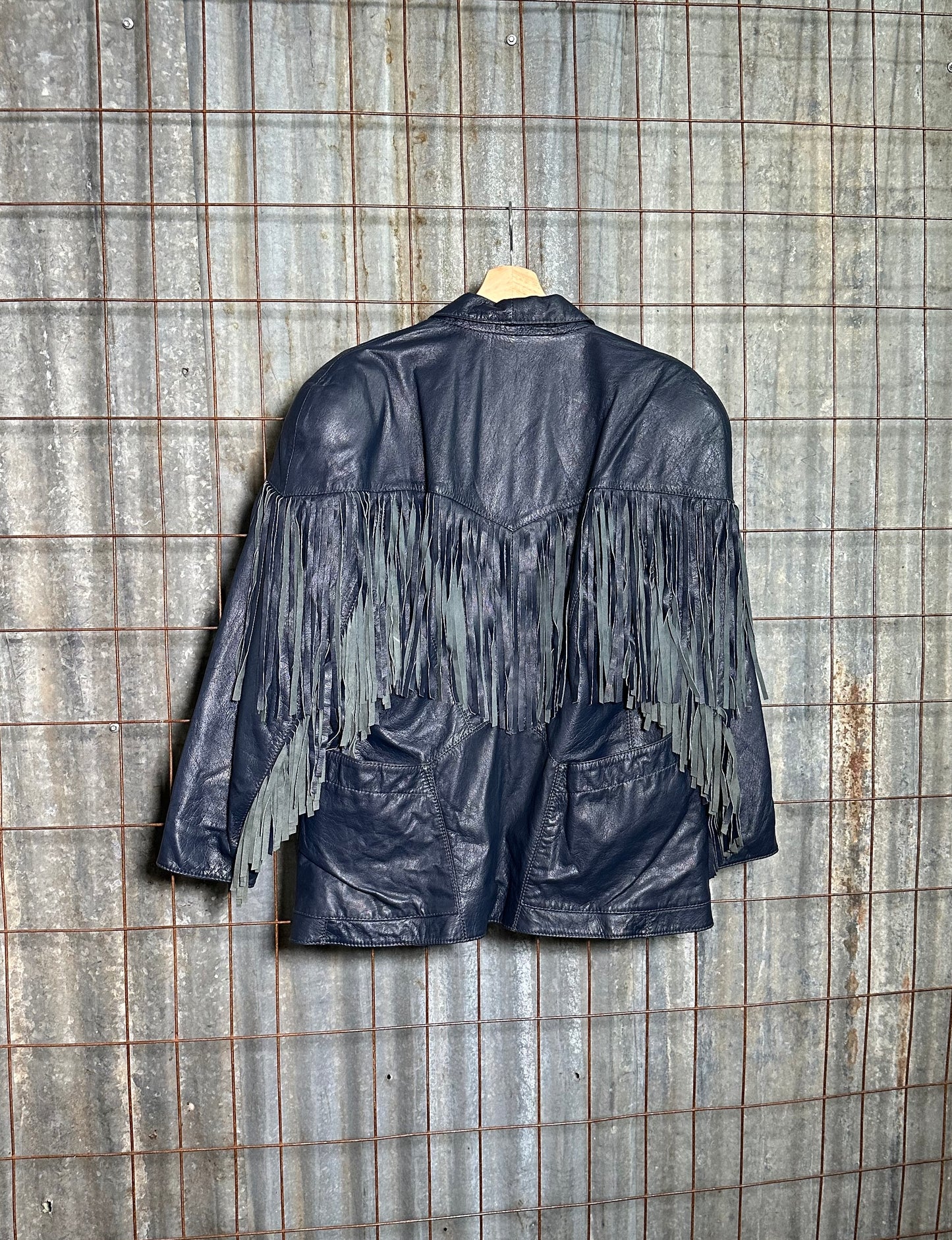 Vintage Navy Blue Fringe Leather Jacket