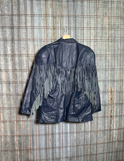 Vintage Navy Blue Fringe Leather Jacket