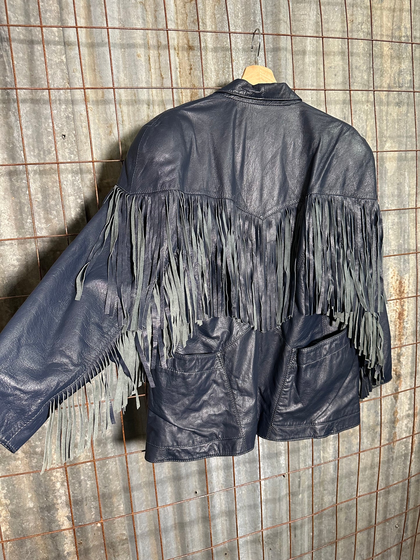 Vintage Navy Blue Fringe Leather Jacket