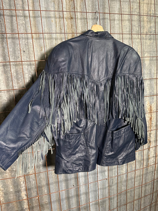 Vintage Navy Blue Fringe Leather Jacket