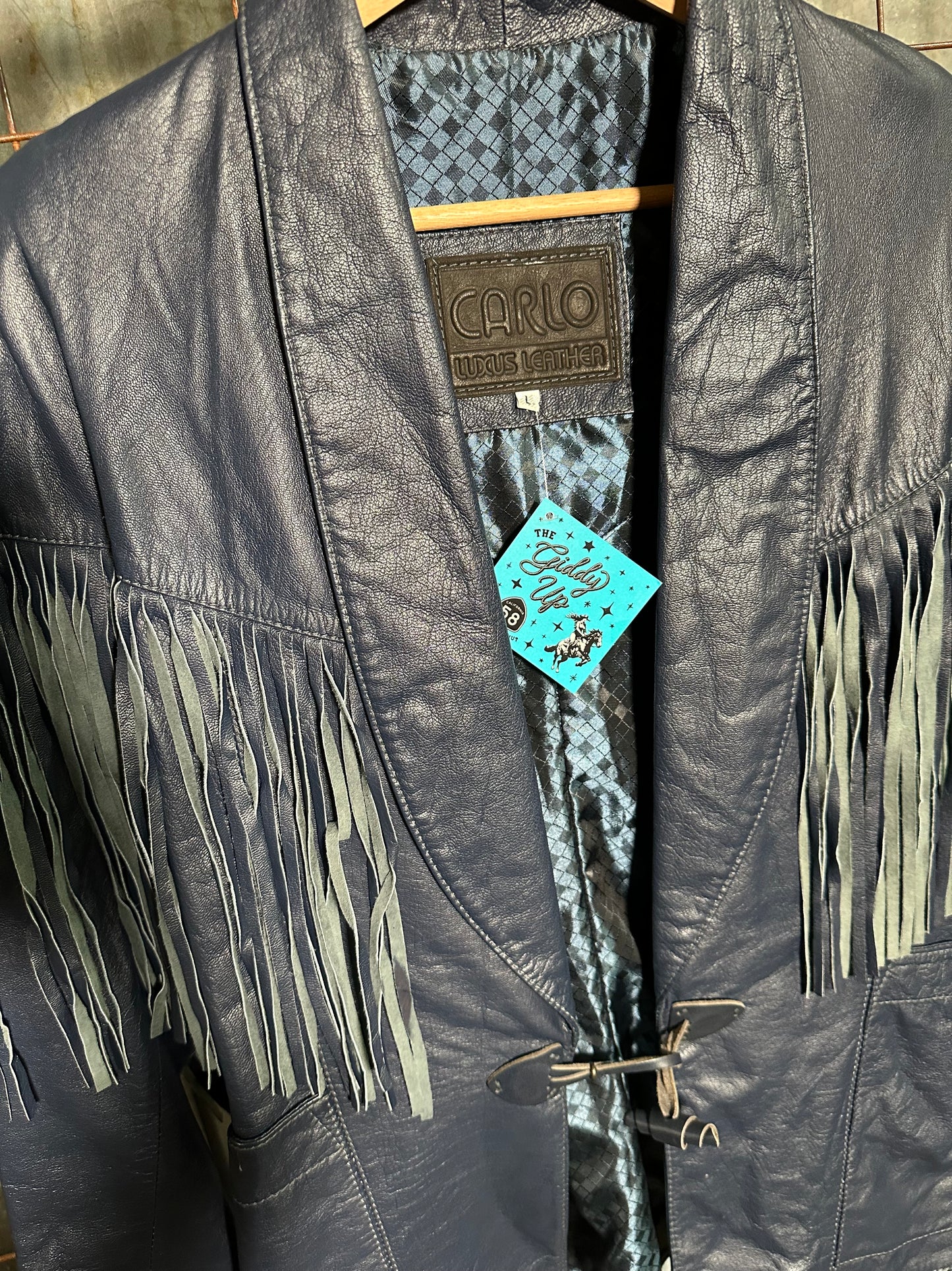 Vintage Navy Blue Fringe Leather Jacket