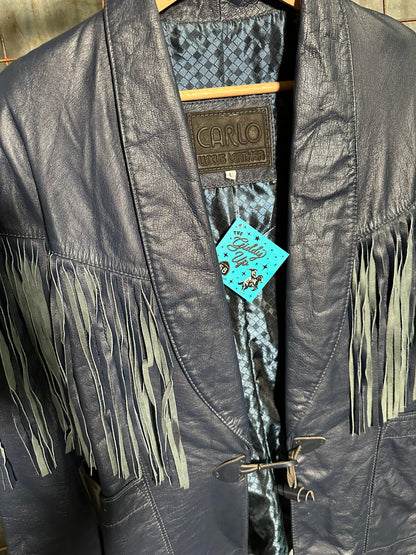 Vintage Navy Blue Fringe Leather Jacket