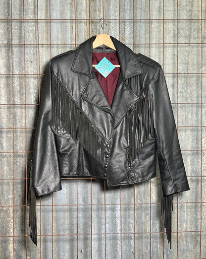 Vintage Black Fringe Leather Button Jacket