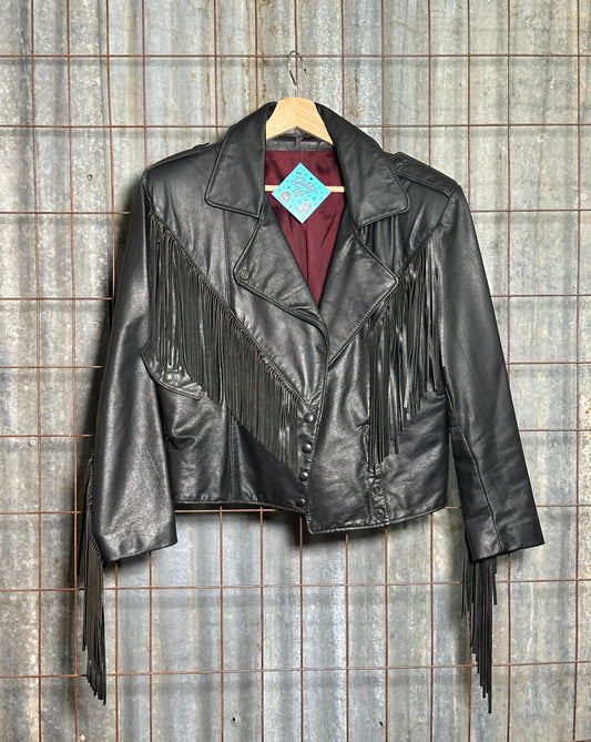 Vintage Black Fringe Leather Button Jacket