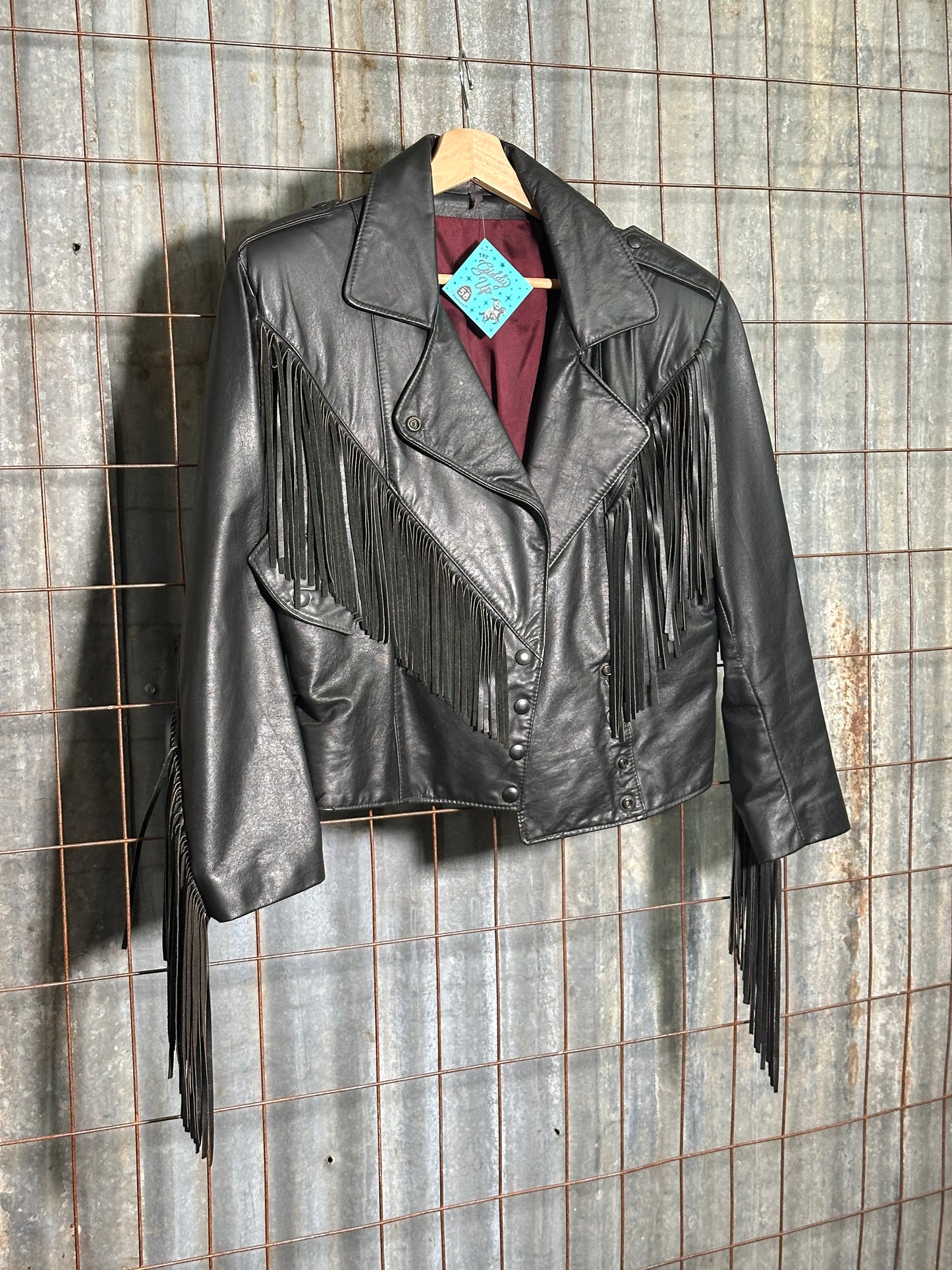 Vintage Black Fringe Leather Button Jacket